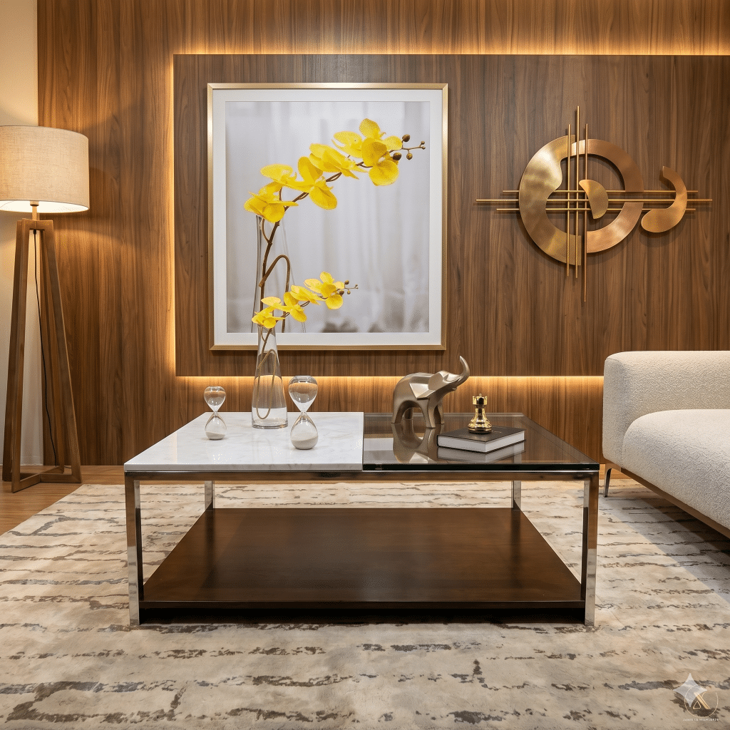 Sala moderna con mesa de centro, sofá y detalles decorativos que reflejan la personalidad del hogar