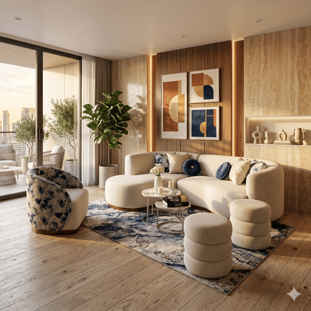 Muebles para sala moderna con sofá cómodo y mesa de centro en un hogar acogedor